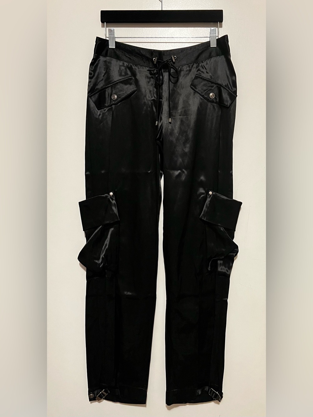 Guess Black Satin Cargo Pants with Flap Pockets